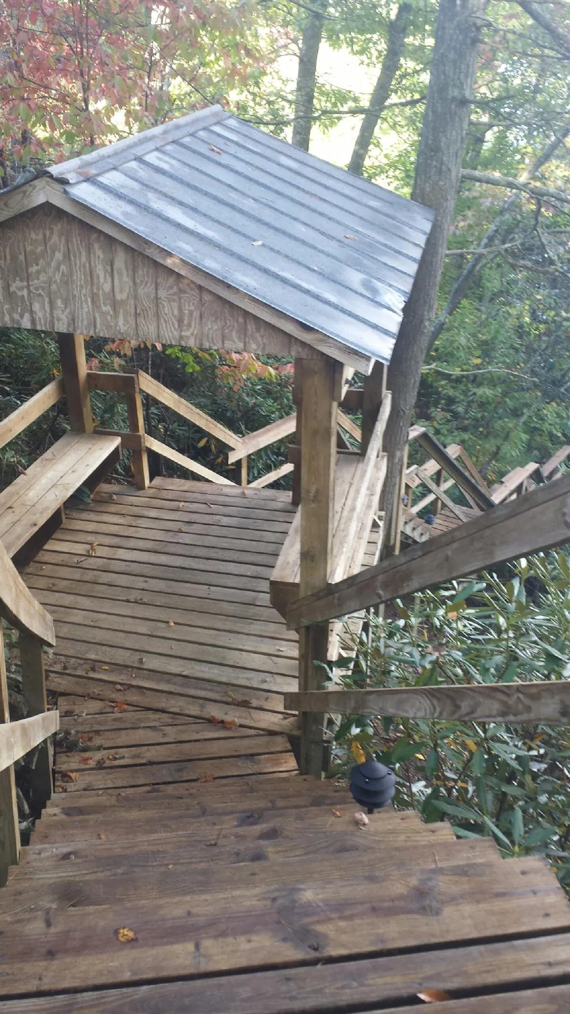 Metal roofed shelter over wooden steps on a wooded walkway — Skylight Repair & Installation work by our crew in Drayden